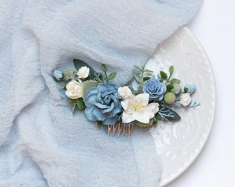Floral hair comb, Boho hair piece, Bridal hair comb, Blue decorative comb, Flower girl comb, Rustic flower headpiece, Wedding accessories