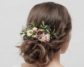 Rosa und lila Blumenkamm, Brautjungfernkopfbedeckung, Blumenhaarkamm, rustikaler Brautkamm, Haarspange mit Blumen, Hochzeitszusätze