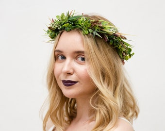 Greenery wedding, Head piece for bride, Summer bridal crown, Floral hair halo, Green headband, Botanical head wreath, Boho hairpiece