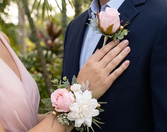 Blush Pink Corsage and Boutonniere Set, Pearl Wrist Corsage, Wedding Floral Bracelet