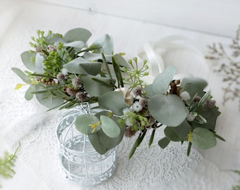 Greenery crown, Flower girl crown, Eucalyptus flower hairpiece, Boho flower headpiece, Bridesmaid floral headpiece, Bridal wedding crown