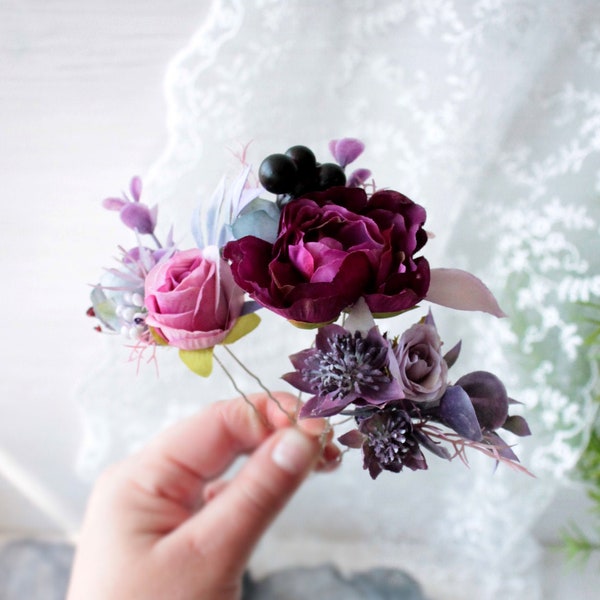 Épingles à cheveux Boho, coupe de cheveux violet, coiffes de mariée, épingles à cheveux prune, clips de mariage Floral, casque de Bourgogne