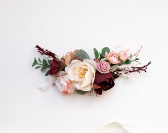 Bridal flower comb, Burgundy floral comb, Ivory flower comb, Bridesmaid hair comb, Wedding hair comb, Bride flower comb, Rustic comb