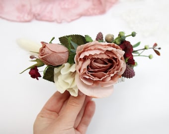 Dusty rose comb, Bridal flower hair comb, Wedding floral headpiece, Bridesmaid hair accessories, Boho hair piece, Bohemian headpiece
