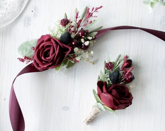 Brautjungfern-Corsage, Marsala-Knopfloch, Hochzeitsaccessoires, Blumen-Handgelenks-Corsage, Herren-Boutonniere