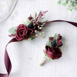 Bridesmaids corsage, Marsala buttonhole, Wedding accessories, Flower wrist corsage, Man&#39;s boutonniere, Burgundy wrist corsage