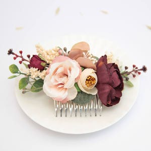 Wedding flower comb, Burgundy hairpiece, Bridesmaid floral comb, Outdoor wedding, Bridesmaid headpiece, Autumn wedding, Floral accessories image 2