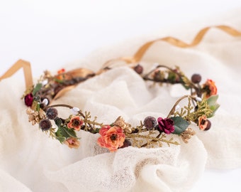 Coral floral crown, Bridal wedding hairpiece, Burnt orange flower crown, Fall wedding, Orange flower headpiece, Bridesmaid floral crown