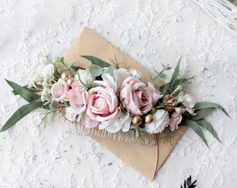 Pink flower hairpieces, Wedding floral comb, Girl headpieces, Bridal flower comb, Bridesmaid hair comb, Flower accessories, Blush hair comb