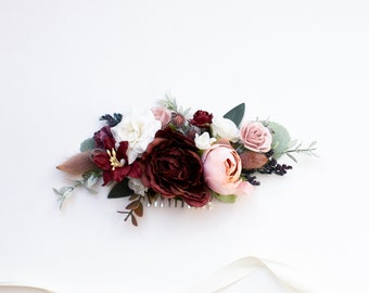 Burgundy bridal comb, Burgundy floral comb, Marsala hair comb, Wedding hair comb, Bridal floral comb, Burgundy and blush flower hair comb