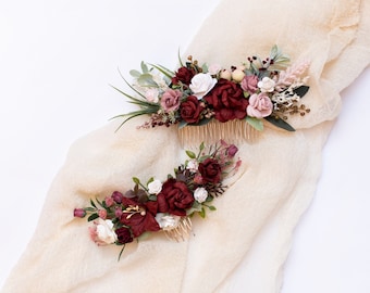 Bride floral comb, Burgundy flower headpiece, Bridal hairpiece, Wedding accessory, Marsala headpiece, Woodland wedding, Maroon hair comb