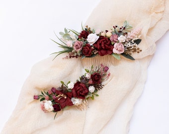 Bride floral comb, Burgundy flower headpiece, Bridal hairpiece, Wedding accessory, Marsala headpiece, Woodland wedding, Maroon hair comb