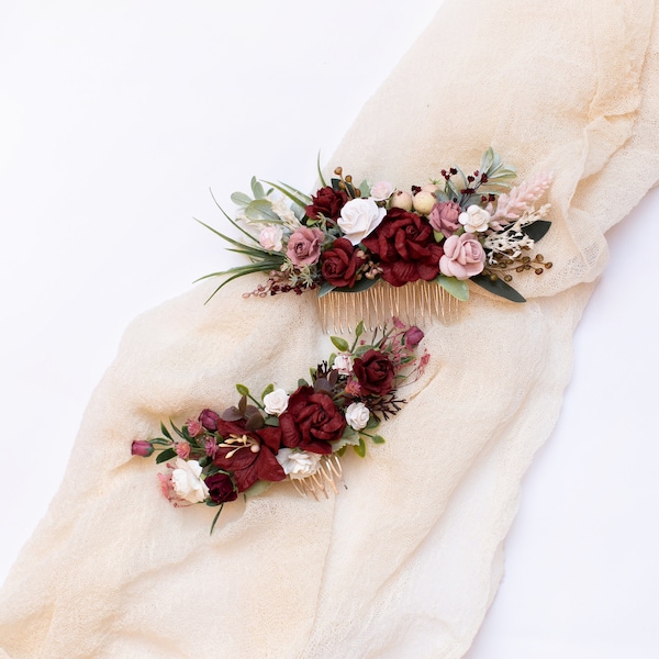 Bride floral comb, Burgundy flower headpiece, Bridal hairpiece, Wedding accessory, Marsala headpiece, Woodland wedding, Maroon hair comb