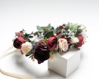 Bridal flower crown, Wedding flower crown, Bridal floral crown, Flower hair crown, Adult crown, Burgundy flower crown, Mauve floral headband