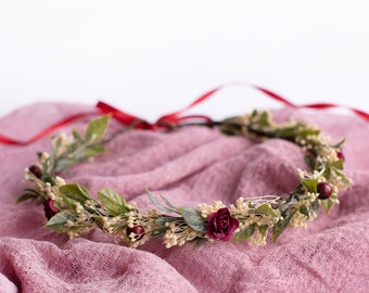 Flower girl headpiece, Burgundy flower crown, Boho flower crown, Toddler flower crown, Bridal flower headband, Girls flower crown