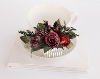 Burgundy flower comb, Wedding hair comb, Deep red flower comb, Rustic wedding comb, Burgundy headpiece, Floral hair piece, Boho floral comb