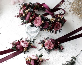 Bridal flower crown, Marsala floral crown, Bridesmaid flower headpiece, Burgundy hairpiece, Rustic wedding crown, Bohemian crown