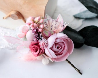 Wedding hair pin, Pink floral hairpiece, Peony hair clip, Boho hair pin, Rustic wedding clip, Bridal headpiece, Wedding flower accessory