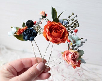 Rustic hair pins, Orange flower clip, Navy blue floral headpiece, Bridal hairpiece, Wedding hair pieces, Hair clip, Bridesmaid hair pins