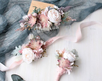 Groom boutonniere, Wrist corsage, Bridesmaid corsage, Pink wedding set, Flower hair comb, Accessory set, Wedding set, Dusty pink wedding