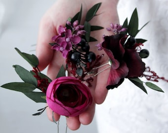 Plum flower pins, Flower hairpiece, Purple floral сlip, Rustic headpiece, Floral wedding pins, Bridal headpieces, Bridesmaid hair clips