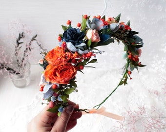 Bridesmaid floral headpiece, Orange flower hairpiece, Wedding flower crown, Navy blue floral crown, Bridal hairpiece, Fall wedding accessory