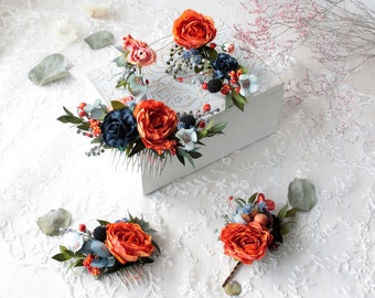 Bridal flower accessories, Coral flower crown, Orange flower comb, Floral hair pins, Rustic floral crown, Bridesmaid comb, Wedding set