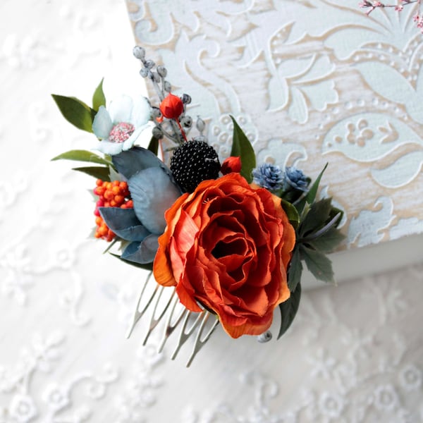 Burnt orange hairpiece, Wedding flower comb, Navy blue floral headpiece, Fall wedding accessory, Bridal floral comb, Rustic hair comb