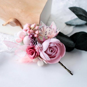 Wedding hair pin, Pink floral hairpiece, Peony hair clip, Boho hair pin, Rustic wedding clip, Bridal headpiece, Wedding flower accessory