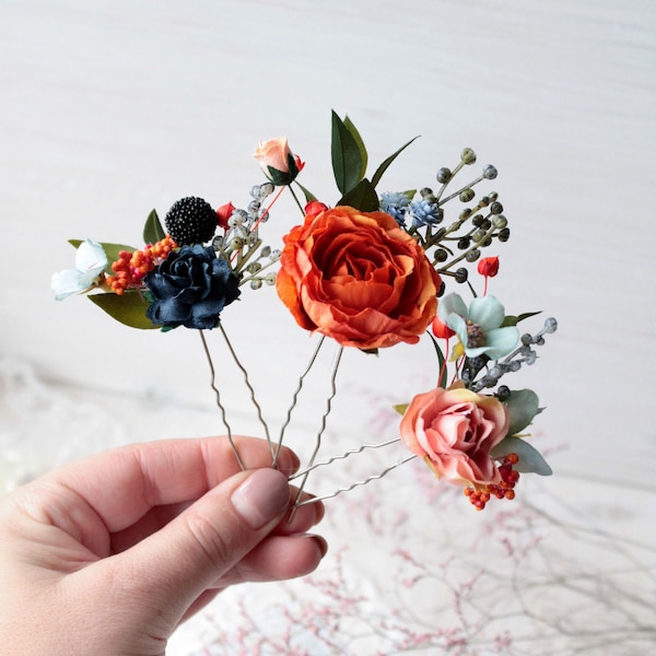 Épingles à cheveux rustique, pince à fleur orange, casque floral bleu marine, postiche de mariée, morceaux de cheveux de mariage