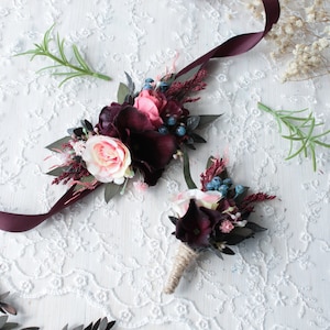 Burgundy and Antique Teal Silk Wrist Corsage and Boutonnire Burlap Rustic Wedding Country Wedding Country Prom Flowers Rustic Prom