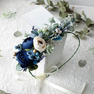 Navy blue flower crown, Wedding floral hairpiece, Blue wedding headpiece, Bridesmaid flower crown, Bridal accessory, White flower headpiece