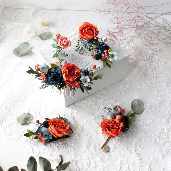 Accessoires de fleurs de mariée, couronne de fleurs de corail, peigne à fleurs orange, épingles à cheveux Floral, couronne florale rustique