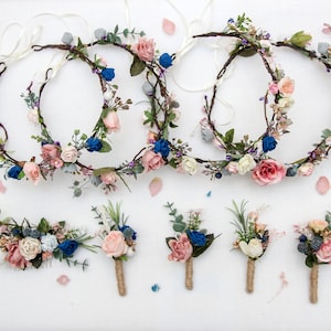 Dusty pink floral accessories set, Bride flower crown, Blush flower comb, Navy groom boutonniere, Pink wedding set of bridesmaid, Hair comb