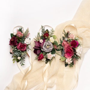 Fuchsia floral bracelet, Flower wrist corsage, Bridesmaids corsage, Fuchsia wrist corsage, Gray flower bracelet, Wedding accessories