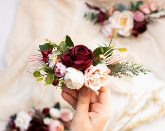 Burgundy flower comb, Burgundy bridal comb, Boho flower comb, Wedding hair comb, Flower accessories, Bridesmaid hair comb, Bride flower comb