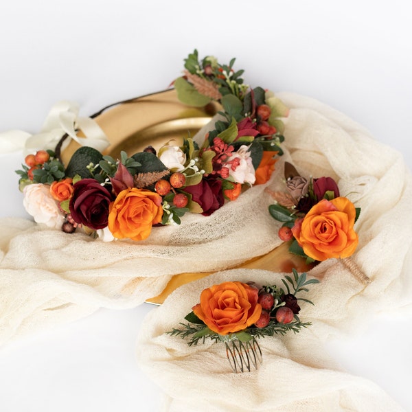 Coroa de flores de casamento, Coroa de flores de outono, Coroa de flores de laranjeira, Tiara floral Boho, Coroa de florista