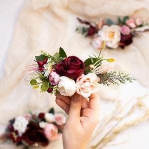 Burgundy flower comb, Burgundy bridal comb, Boho flower comb, Wedding hair comb, Flower accessories, Bridesmaid hair comb, Bride flower comb image 1