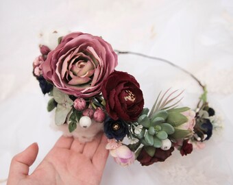 Burgundy flower crown, Boho flower headpiece, Toddler flower crown, Custom floral crown, Bridal flower accessories, Wedding flower crown