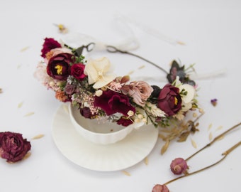 Burgundy hairpiece, Bridal headpiece, Flower crown, Wedding hair wreath, Bride flower crown, Floral headband, Maroon flower crown