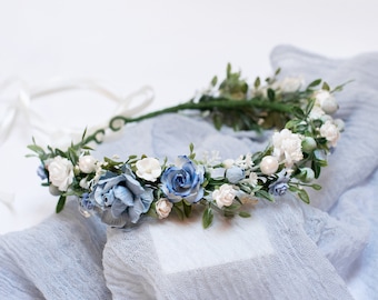 Rustic flower crown, Blue wedding hairpiece, Bridesmaid crown, White flower headpiece, Adult floral crown, Bridal flower accessory
