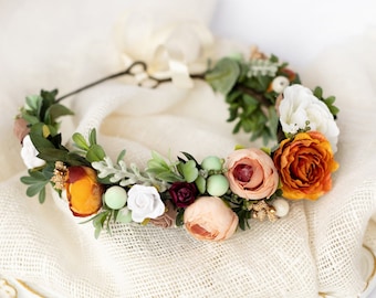 Burnt orange crown, Wedding flower headpiece, Boho flower crown, Bridal flower crown, Fall floral crown, Flower girl crown, Rustic wedding