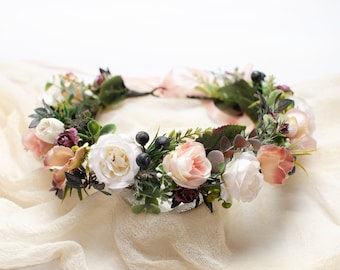 Bridesmaid flower hairpiece, Beige floral crown, Rustic wedding crown, Ivory headpiece, Bridal crown, Woodland wedding, Blush hairpiece