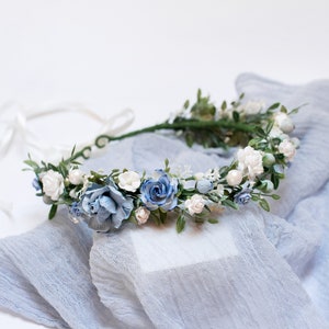 Corona di fiori rustici, copricapo da sposa blu, corona da damigella d&#39;onore, copricapo da fiore bianco, corona floreale adulta