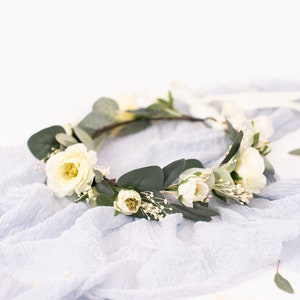 Couronne de fleur rose blanche, couronne de fleur blanche, couronne florale de mariage, serre-tête fleur Woodland, postiches fleur Ivoire