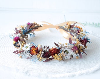 Bridal flower crown, Burgundy flower crown, Dried floral crown, Bridesmaid flower headpiece, Burnt orange crown, Fall wedding accessory