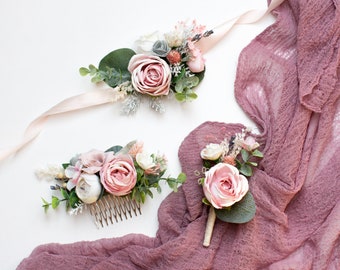 Dusty rose flower comb, Wedding flower comb, Bridal floral crown, Bridesmaid headpiece, Blush hair comb, Pink floral comb, Flower hairpieces
