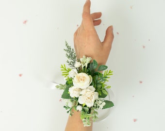 Bridal wrist corsage, Wedding flower bracelet, Rustic wrist corsage, Bridesmaid flower corsage, Prom corsage, Ivory wrist corsage