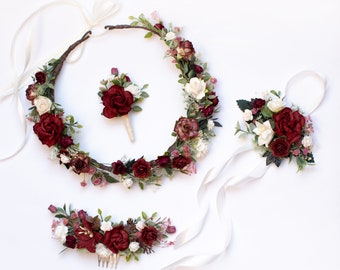 Marsala flower accessories set, Man&#39;s boutonniere, Flower hair comb, Bridesmaid wrist corsage, Burgundy floral crown, Maroon wedding set