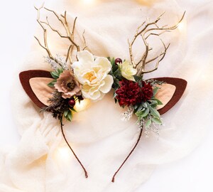 Serre-tête Cerf De Noël Giugio - 2 Styles Avec Fleurs Et Bois | Accessoire Fêtes Pour Adultes Et Enfants